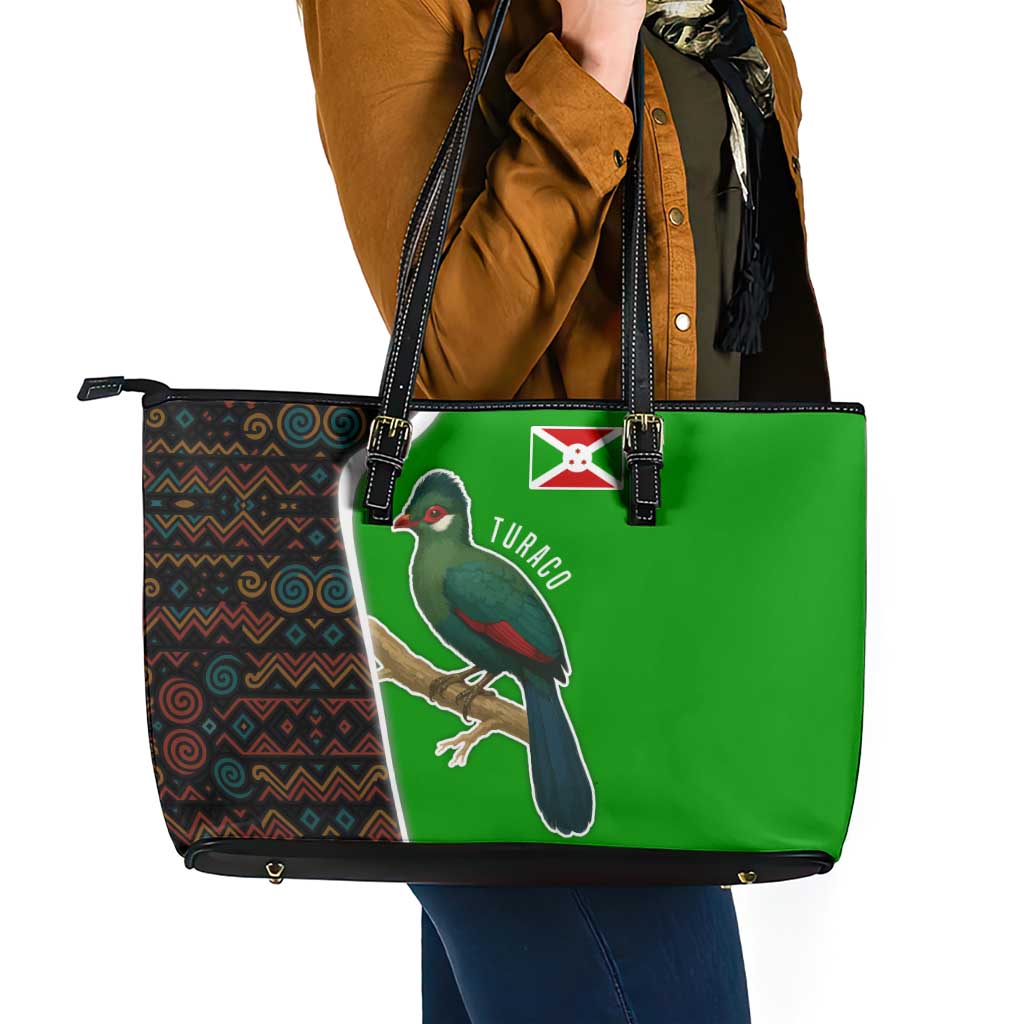 Burundi Turaco Leather Tote Bag with National Bird and Flag Pattern