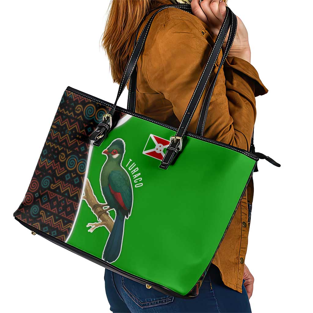 Burundi Turaco Leather Tote Bag with National Bird and Flag Pattern