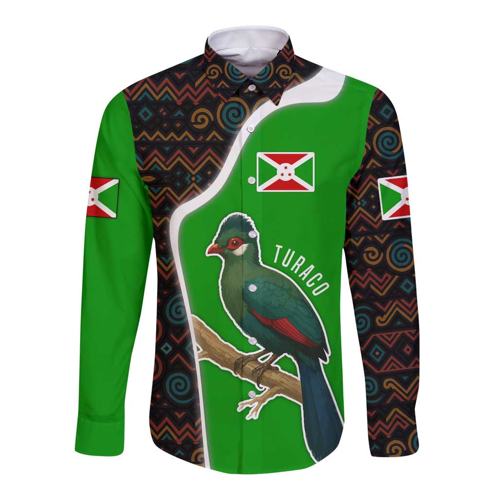 Burundi Turaco Long Sleeve Button Shirt with National Bird and Flag Pattern