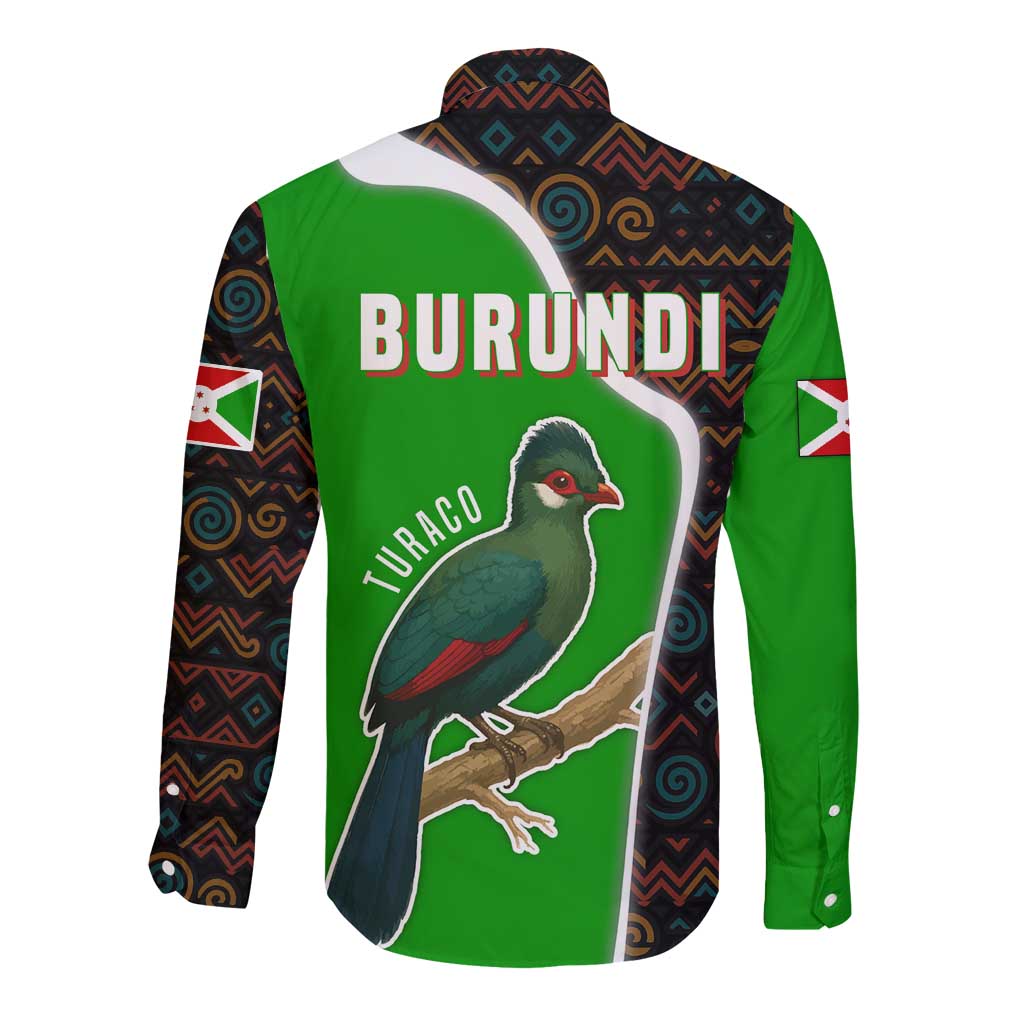 Burundi Turaco Long Sleeve Button Shirt with National Bird and Flag Pattern