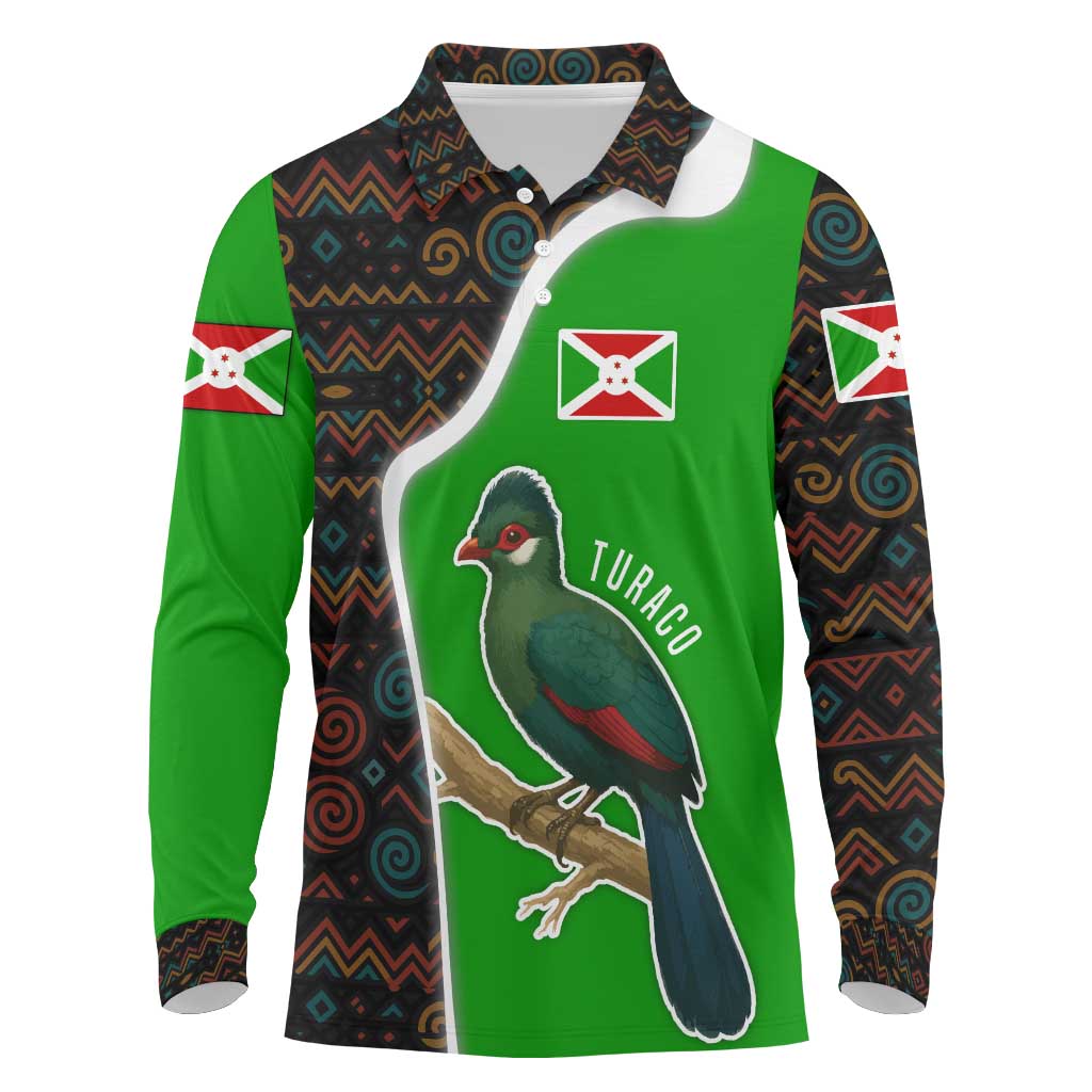 Burundi Turaco Long Sleeve Polo Shirt with National Bird and Flag Pattern