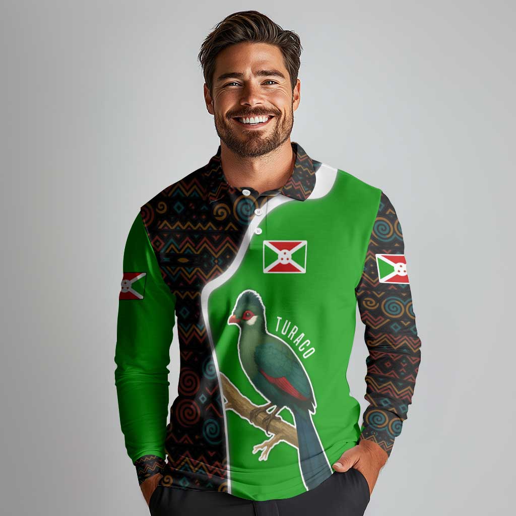 Burundi Turaco Long Sleeve Polo Shirt with National Bird and Flag Pattern