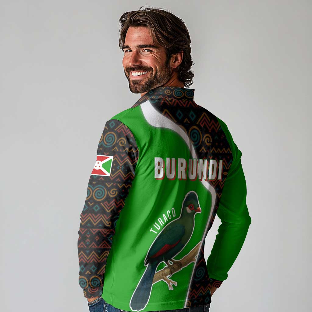 Burundi Turaco Long Sleeve Polo Shirt with National Bird and Flag Pattern