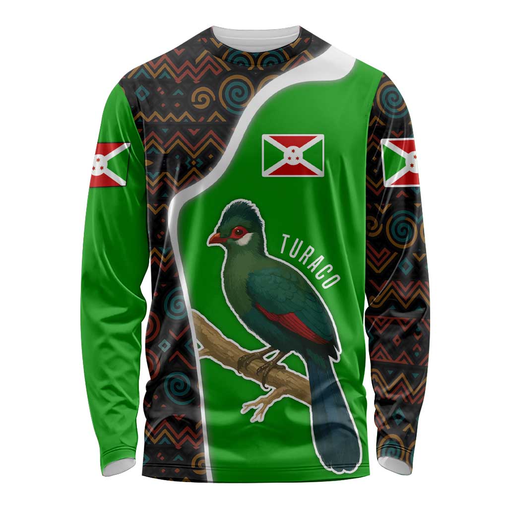 Burundi Turaco Long Sleeve Shirt with National Bird and Flag Pattern
