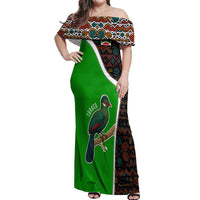 Burundi Turaco Off Shoulder Maxi Dress with National Bird and Flag Pattern