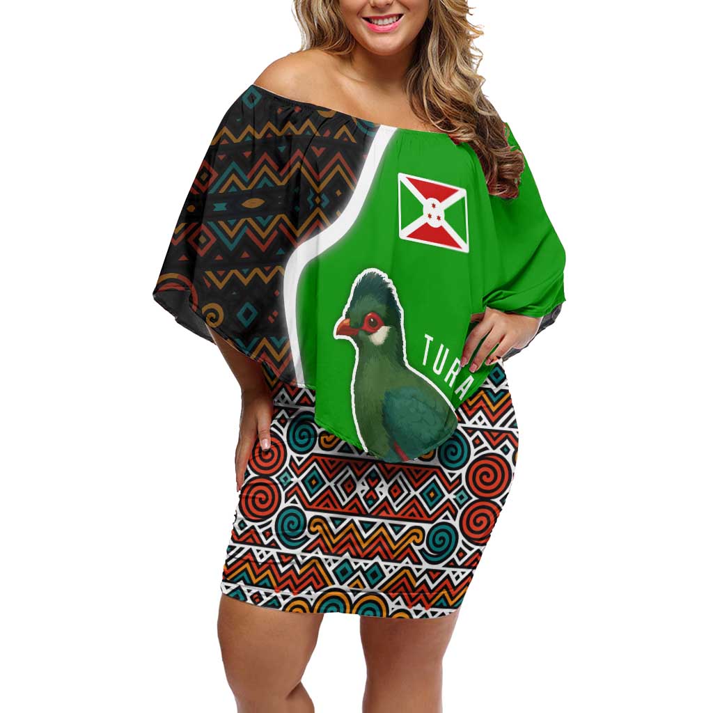 Burundi Turaco Off Shoulder Short Dress with National Bird and Flag Pattern