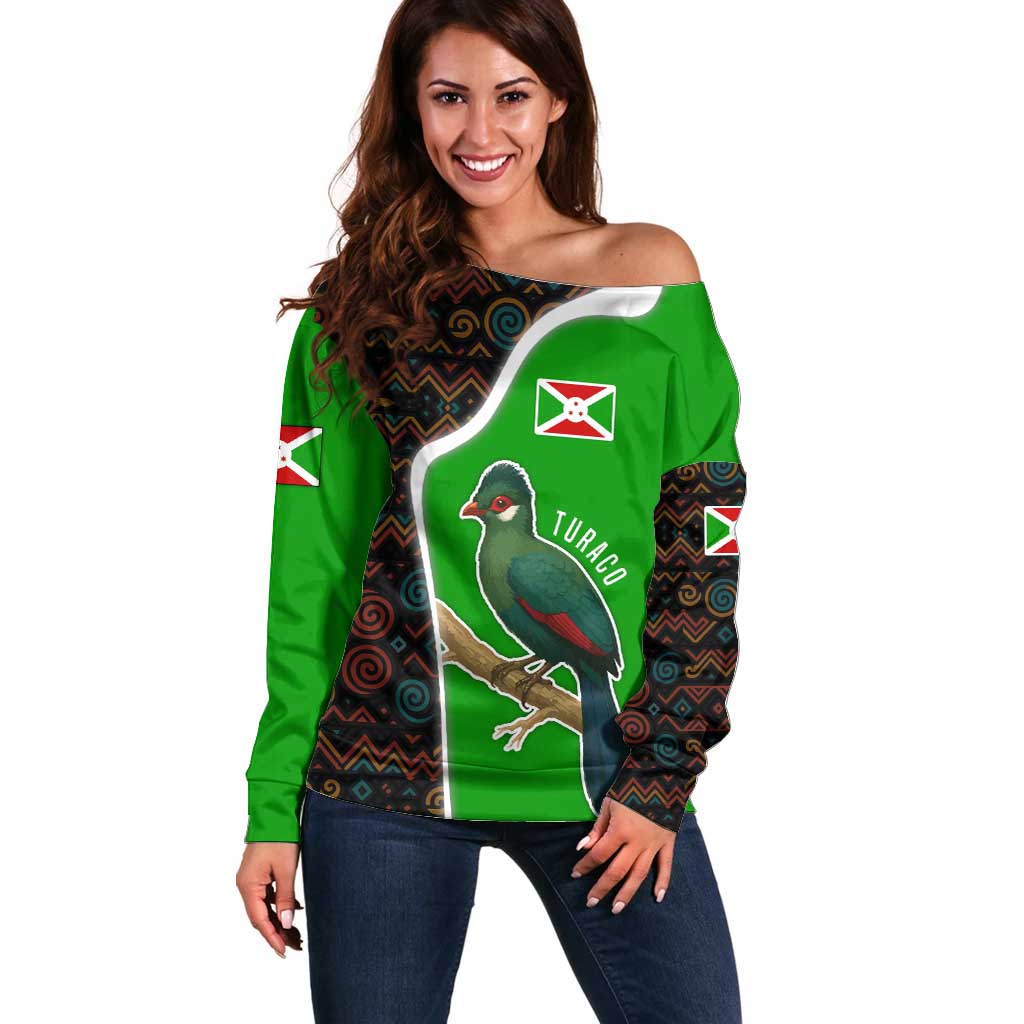 Burundi Turaco Off Shoulder Sweater with National Bird and Flag Pattern