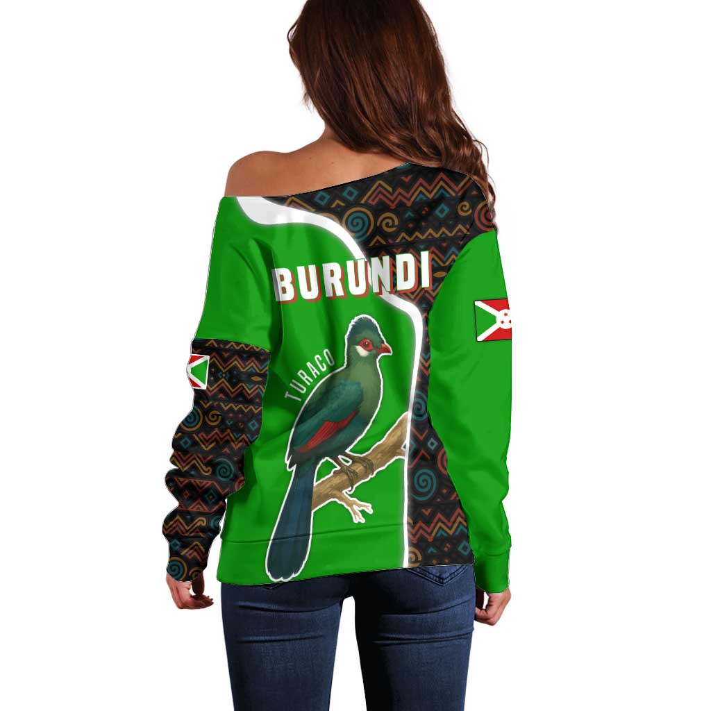 Burundi Turaco Off Shoulder Sweater with National Bird and Flag Pattern
