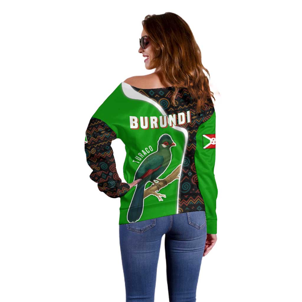 Burundi Turaco Off Shoulder Sweater with National Bird and Flag Pattern