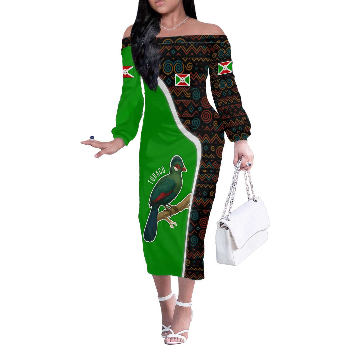 Burundi Turaco Off The Shoulder Long Sleeve Dress with National Bird and Flag Pattern
