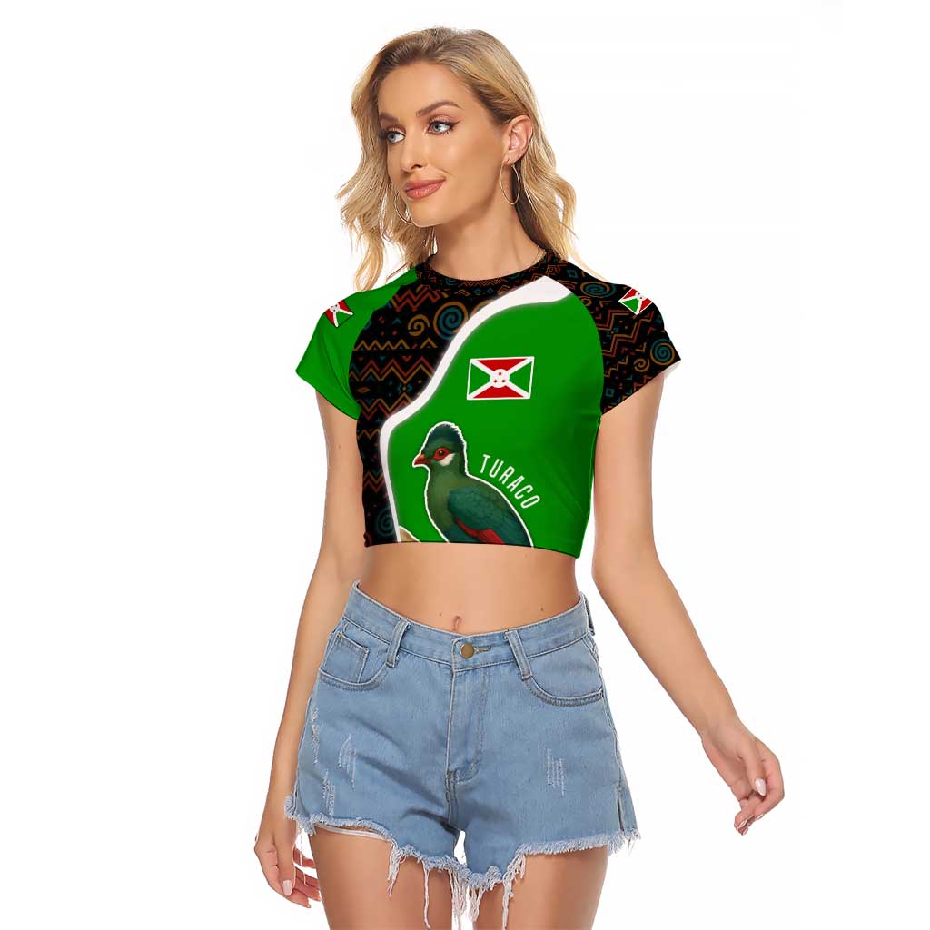Burundi Turaco Raglan Cropped T Shirt with National Bird and Flag Pattern