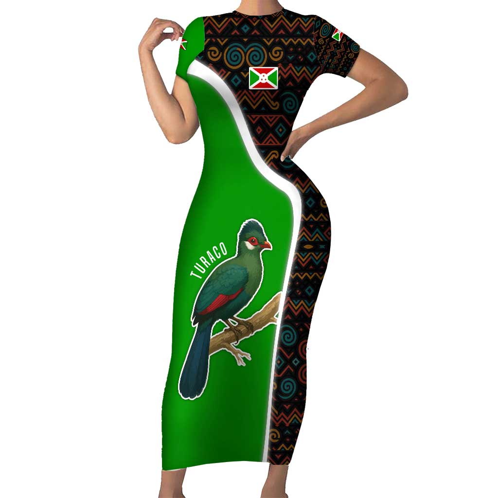 Burundi Turaco Short Sleeve Bodycon Dress with National Bird and Flag Pattern