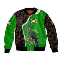 Burundi Turaco Sleeve Zip Bomber Jacket with National Bird and Flag Pattern