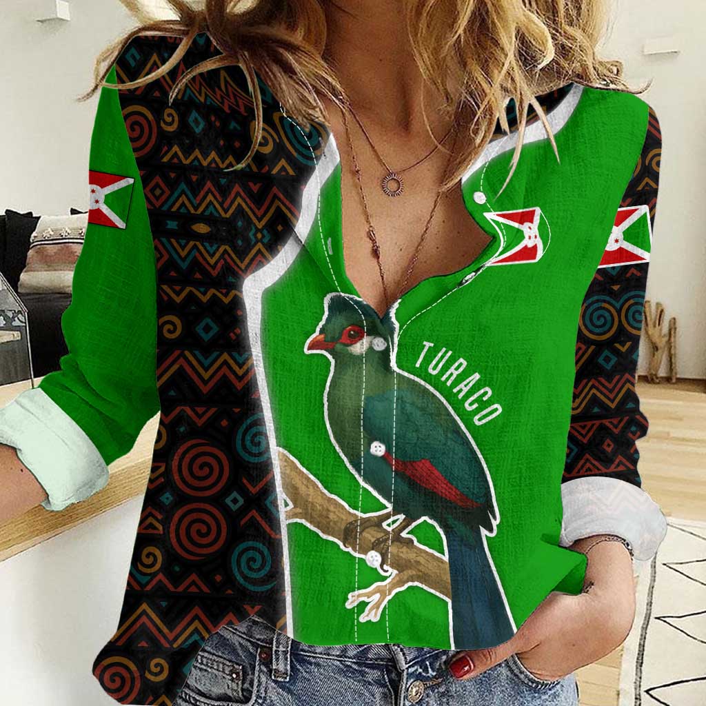 Burundi Turaco Women Casual Shirt with National Bird and Flag Pattern
