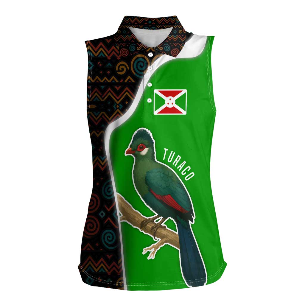 Burundi Turaco Women Sleeveless Polo Shirt with National Bird and Flag Pattern