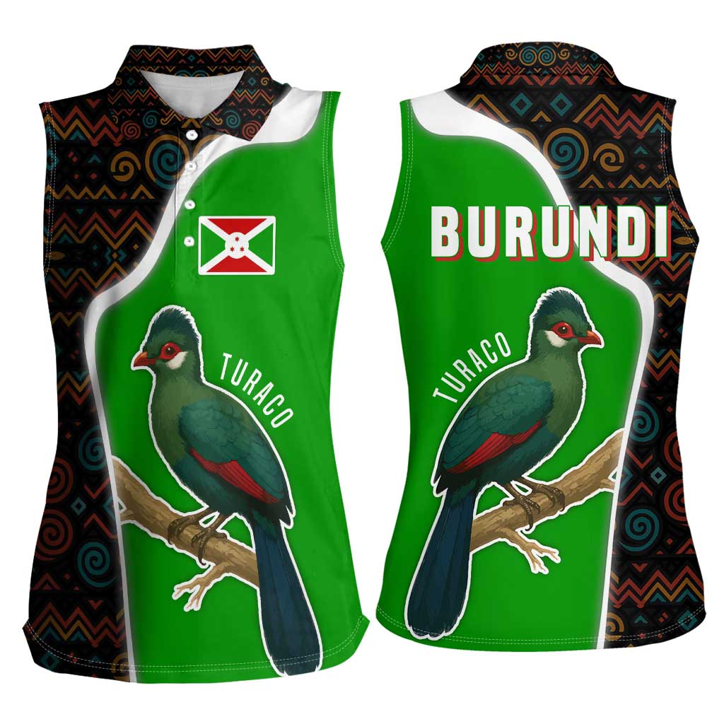 Burundi Turaco Women Sleeveless Polo Shirt with National Bird and Flag Pattern