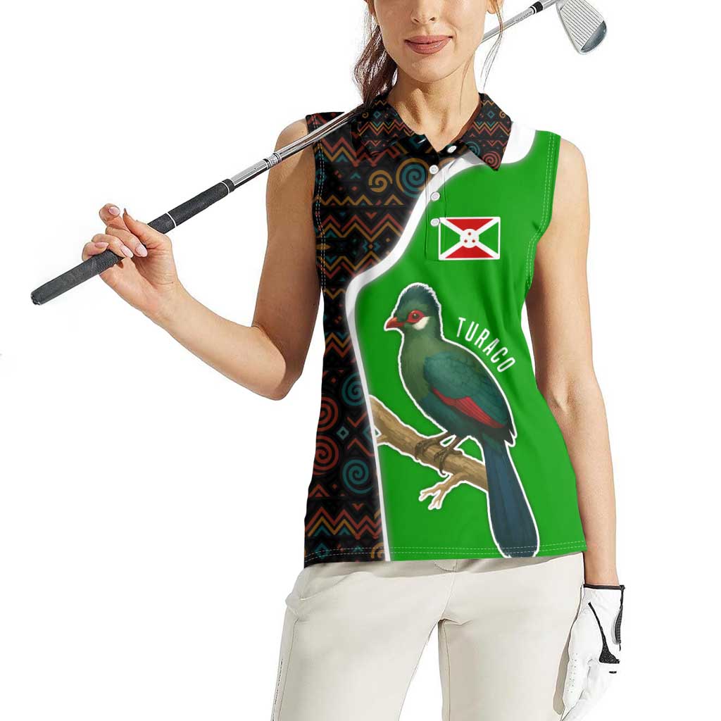 Burundi Turaco Women Sleeveless Polo Shirt with National Bird and Flag Pattern