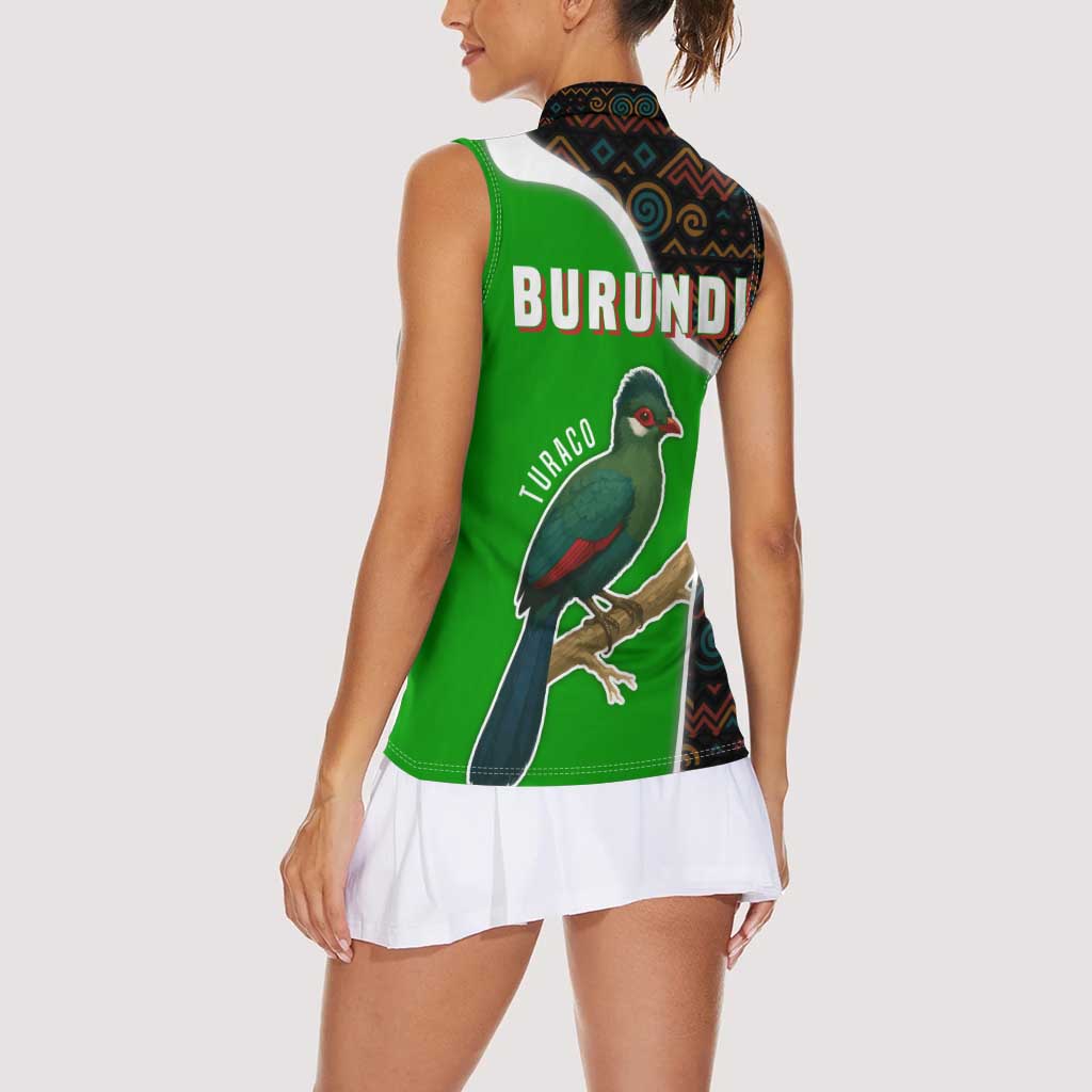 Burundi Turaco Women Sleeveless Polo Shirt with National Bird and Flag Pattern
