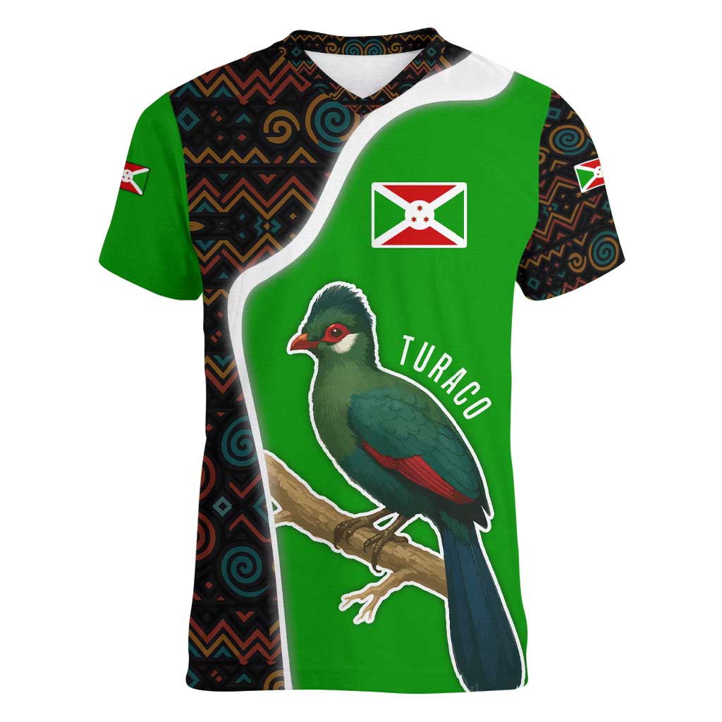 Burundi Turaco Women V-Neck T-Shirt with National Bird and Flag Pattern