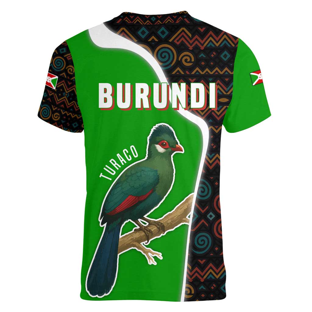 Burundi Turaco Women V-Neck T-Shirt with National Bird and Flag Pattern