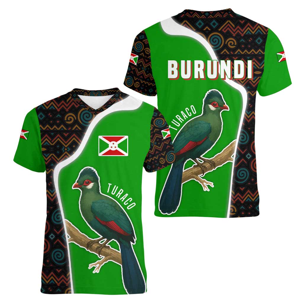 Burundi Turaco Women V-Neck T-Shirt with National Bird and Flag Pattern