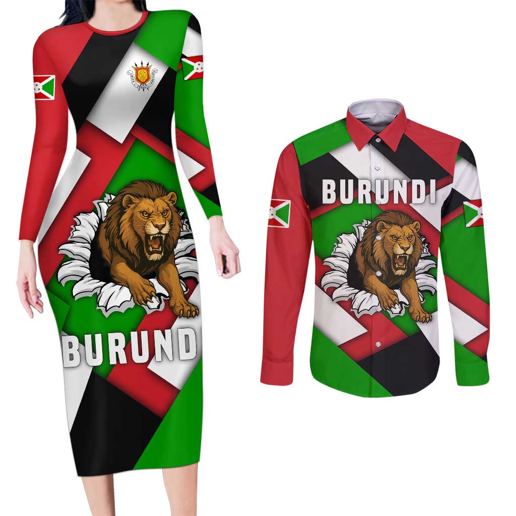 Burundi - Roaring Lion Couples Matching Long Sleeve Bodycon Dress and Long Sleeve Button Shirt with National Flag Colors