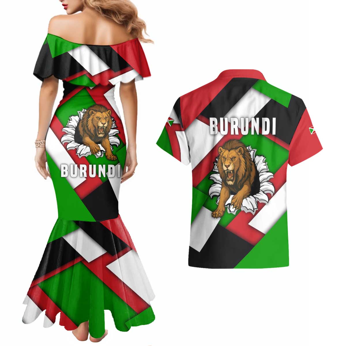 Burundi - Roaring Lion Couples Matching Mermaid Dress and Hawaiian Shirt with National Flag Colors