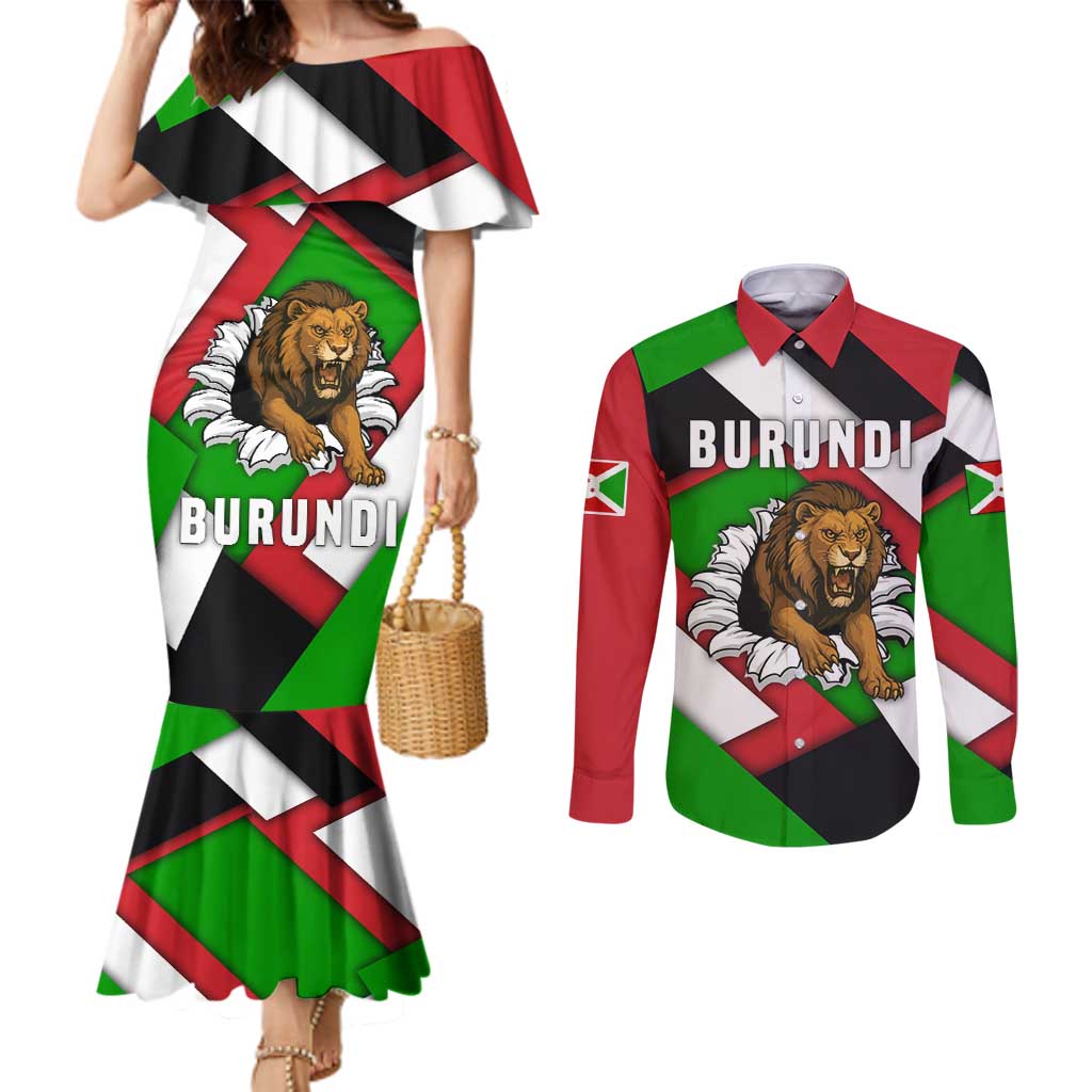 Burundi - Roaring Lion Couples Matching Mermaid Dress and Long Sleeve Button Shirt with National Flag Colors
