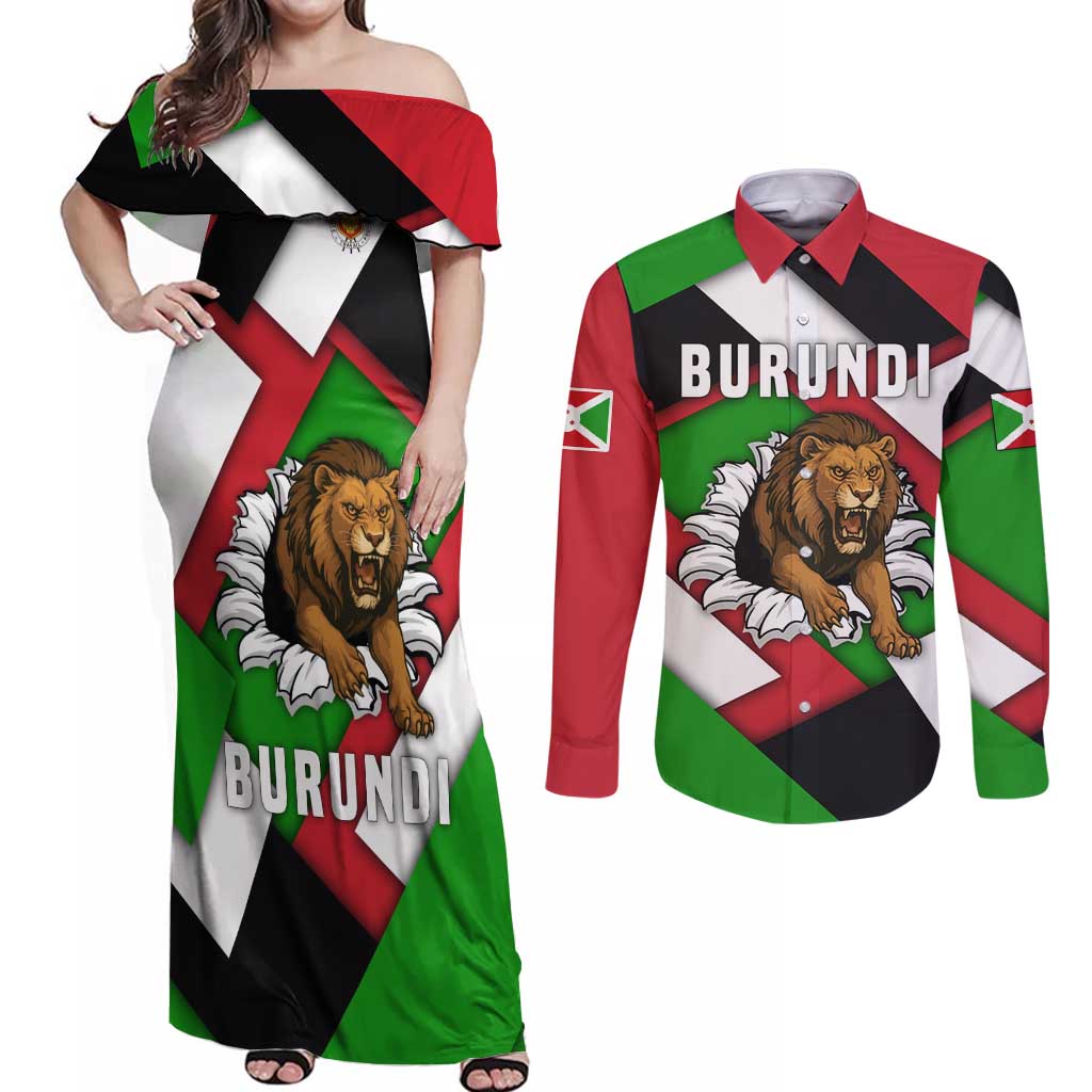 Burundi - Roaring Lion Couples Matching Off Shoulder Maxi Dress and Long Sleeve Button Shirt with National Flag Colors