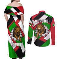 Burundi - Roaring Lion Couples Matching Off Shoulder Maxi Dress and Long Sleeve Button Shirt with National Flag Colors