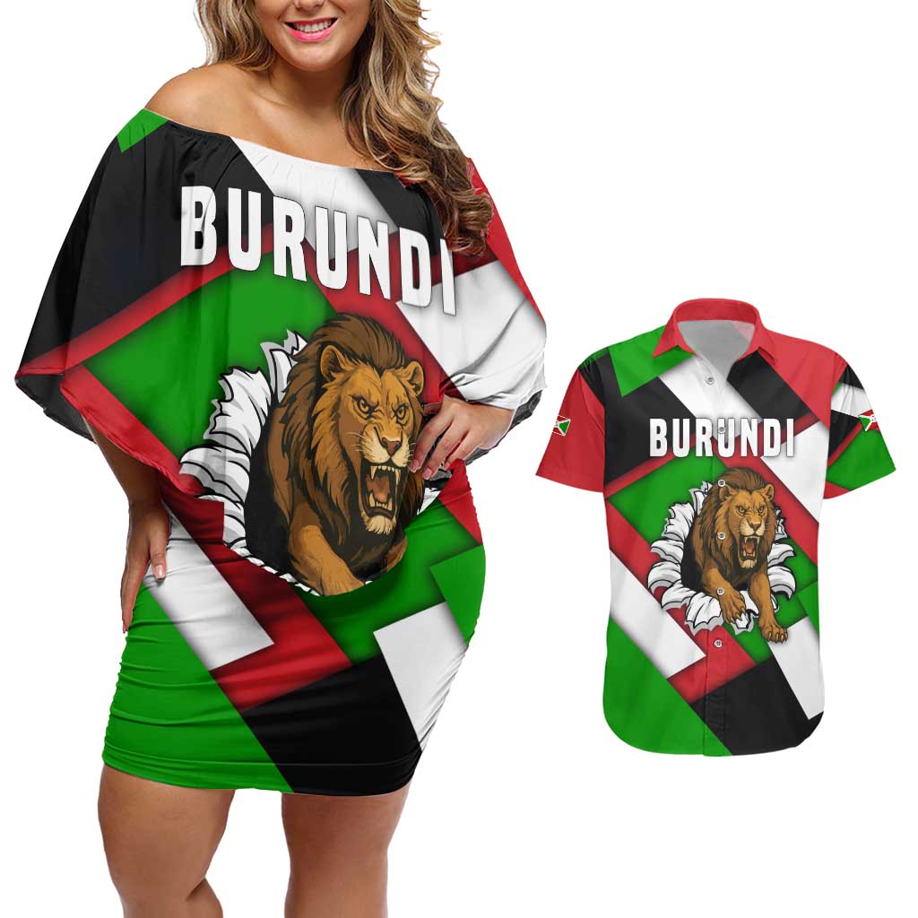 Burundi - Roaring Lion Couples Matching Off Shoulder Short Dress and Hawaiian Shirt with National Flag Colors