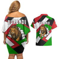 Burundi - Roaring Lion Couples Matching Off Shoulder Short Dress and Hawaiian Shirt with National Flag Colors