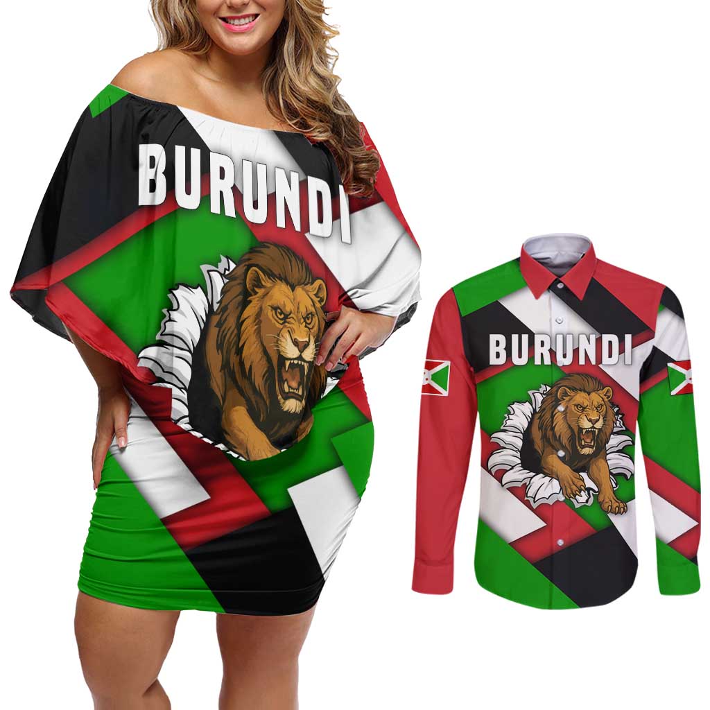 Burundi - Roaring Lion Couples Matching Off Shoulder Short Dress and Long Sleeve Button Shirt with National Flag Colors