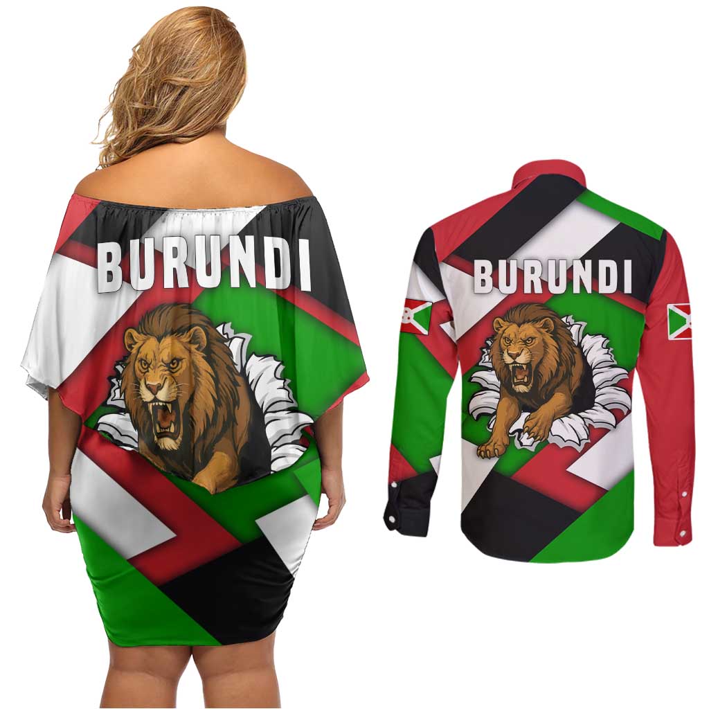 Burundi - Roaring Lion Couples Matching Off Shoulder Short Dress and Long Sleeve Button Shirt with National Flag Colors