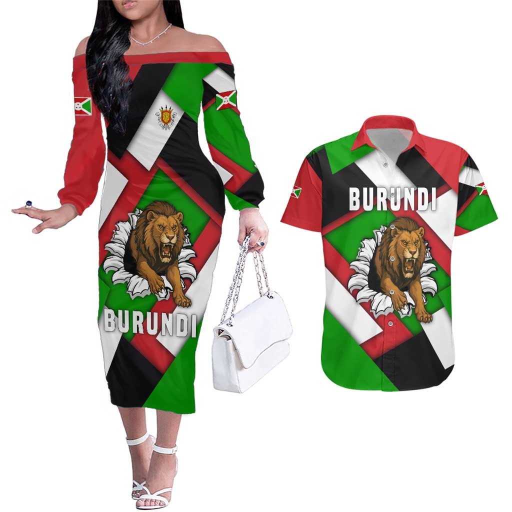 Burundi - Roaring Lion Couples Matching Off The Shoulder Long Sleeve Dress and Hawaiian Shirt with National Flag Colors