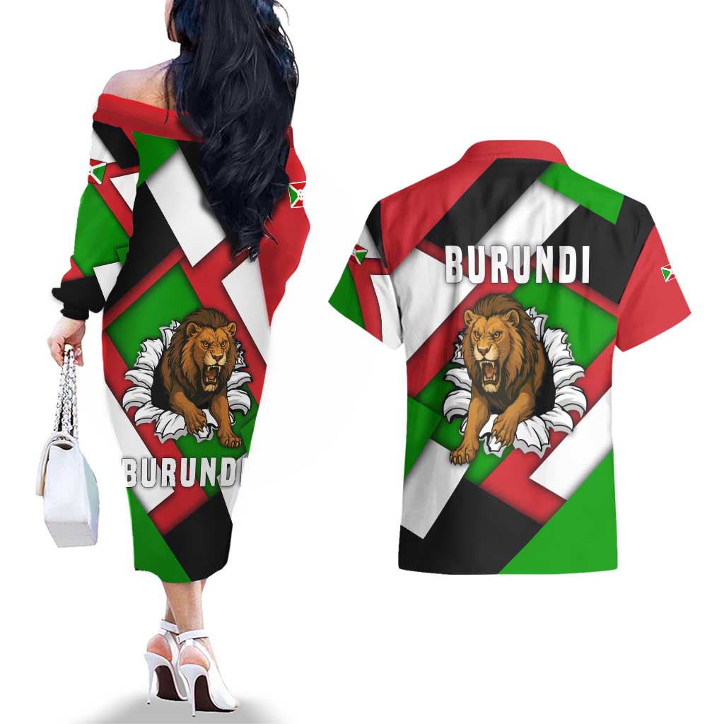 Burundi - Roaring Lion Couples Matching Off The Shoulder Long Sleeve Dress and Hawaiian Shirt with National Flag Colors