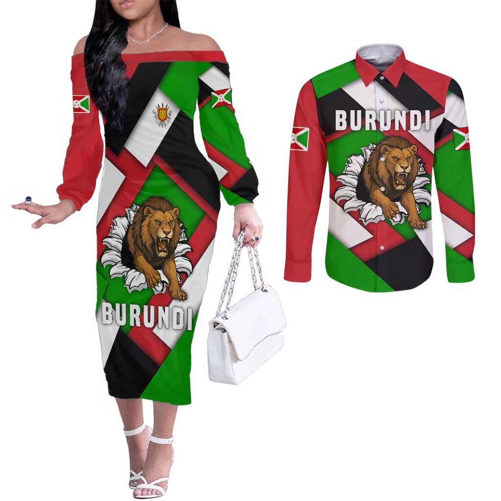 Burundi - Roaring Lion Couples Matching Off The Shoulder Long Sleeve Dress and Long Sleeve Button Shirt with National Flag Colors