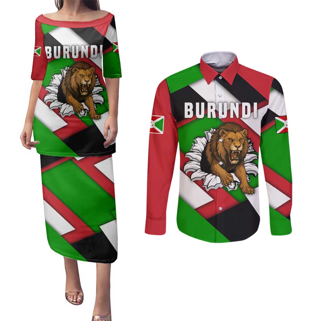 Burundi - Roaring Lion Couples Matching Puletasi and Long Sleeve Button Shirt with National Flag Colors
