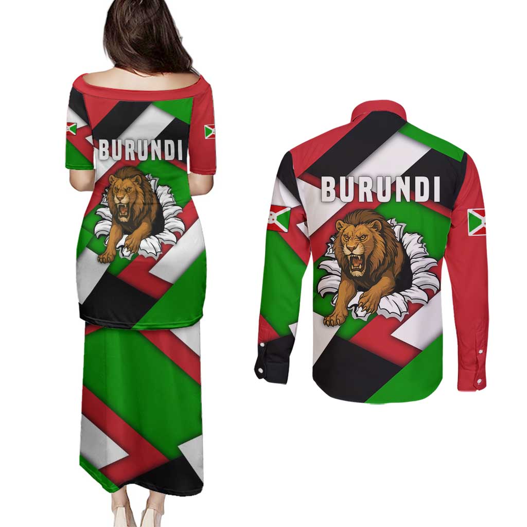 Burundi - Roaring Lion Couples Matching Puletasi and Long Sleeve Button Shirt with National Flag Colors