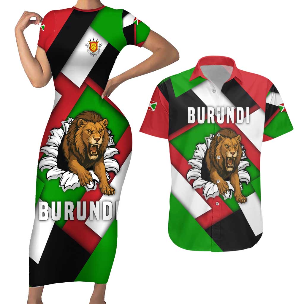 Burundi - Roaring Lion Couples Matching Short Sleeve Bodycon Dress and Hawaiian Shirt with National Flag Colors