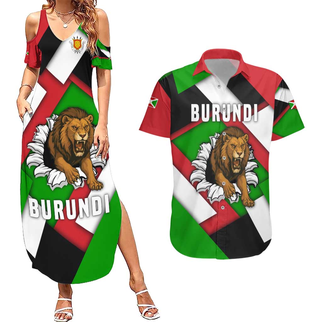 Burundi - Roaring Lion Couples Matching Summer Maxi Dress and Hawaiian Shirt with National Flag Colors