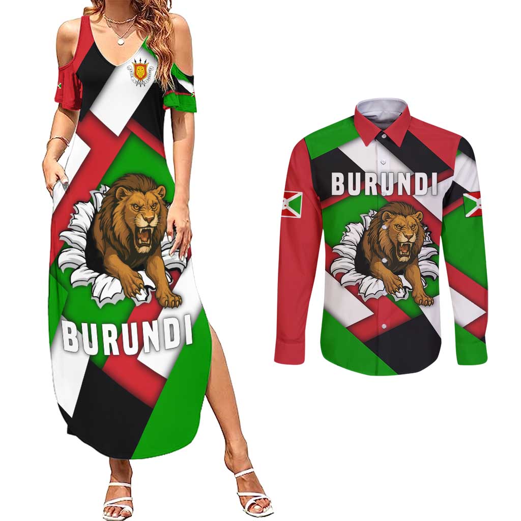 Burundi - Roaring Lion Couples Matching Summer Maxi Dress and Long Sleeve Button Shirt with National Flag Colors