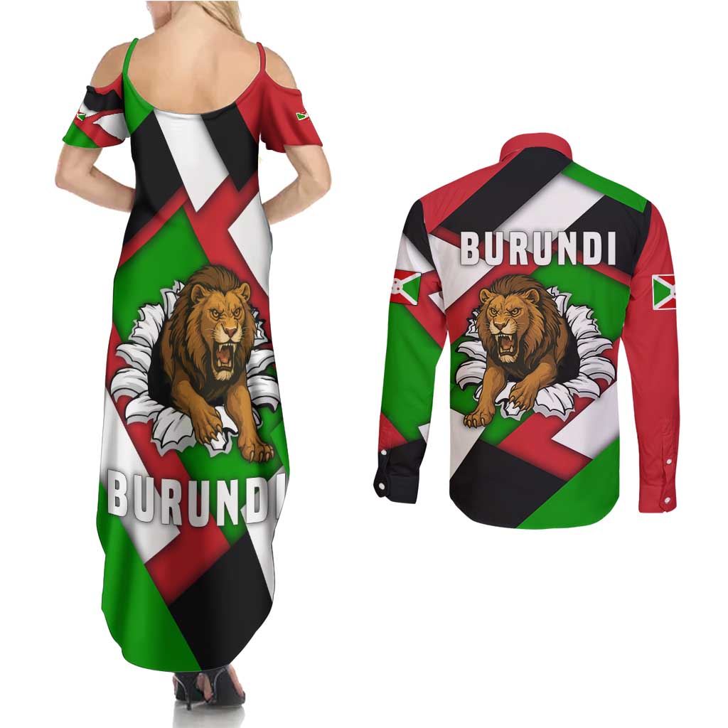 Burundi - Roaring Lion Couples Matching Summer Maxi Dress and Long Sleeve Button Shirt with National Flag Colors