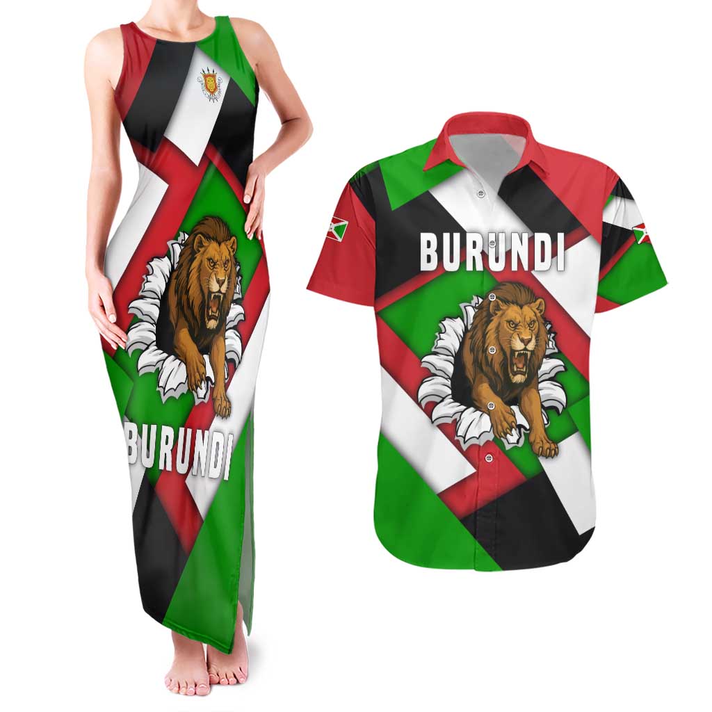 Burundi - Roaring Lion Couples Matching Tank Maxi Dress and Hawaiian Shirt with National Flag Colors