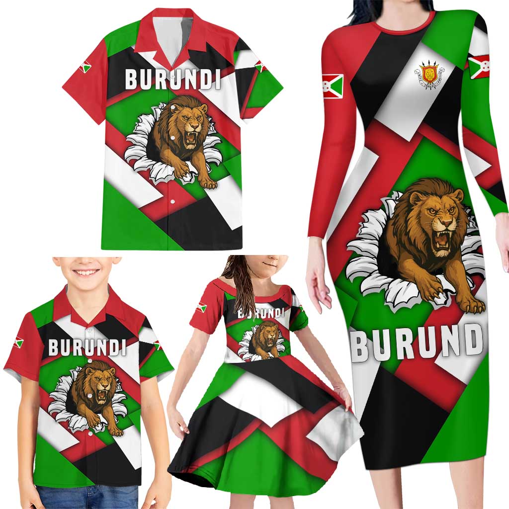 Burundi - Roaring Lion Family Matching Long Sleeve Bodycon Dress and Hawaiian Shirt with National Flag Colors