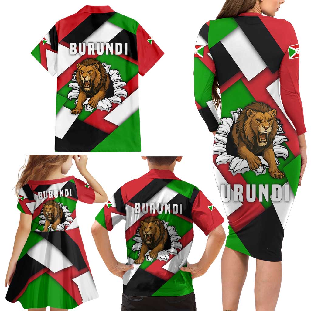 Burundi - Roaring Lion Family Matching Long Sleeve Bodycon Dress and Hawaiian Shirt with National Flag Colors