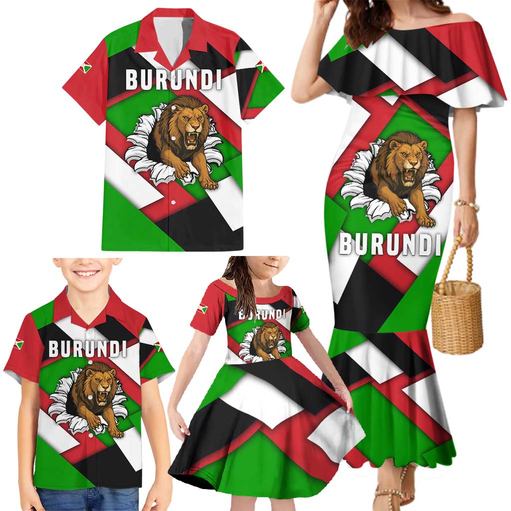 Burundi - Roaring Lion Family Matching Mermaid Dress and Hawaiian Shirt with National Flag Colors