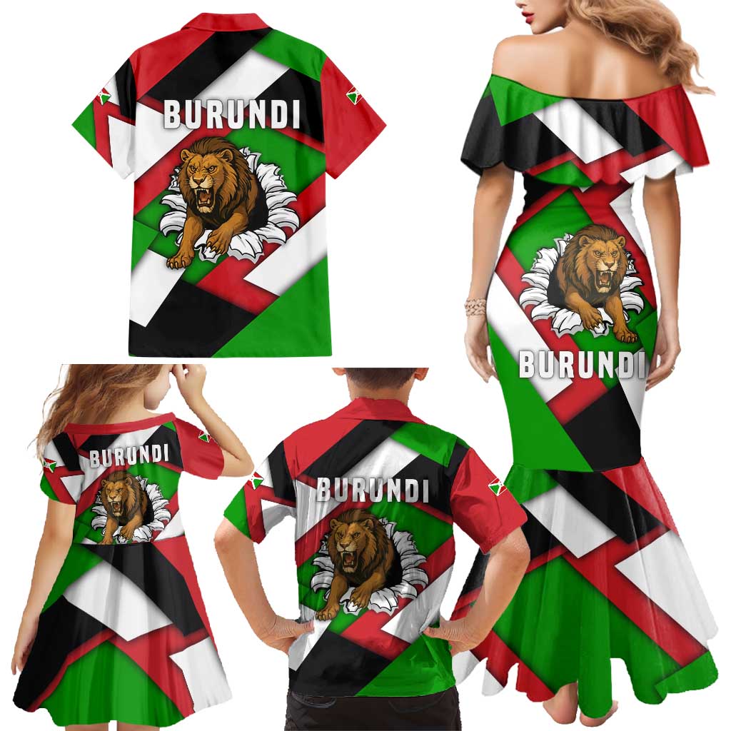 Burundi - Roaring Lion Family Matching Mermaid Dress and Hawaiian Shirt with National Flag Colors