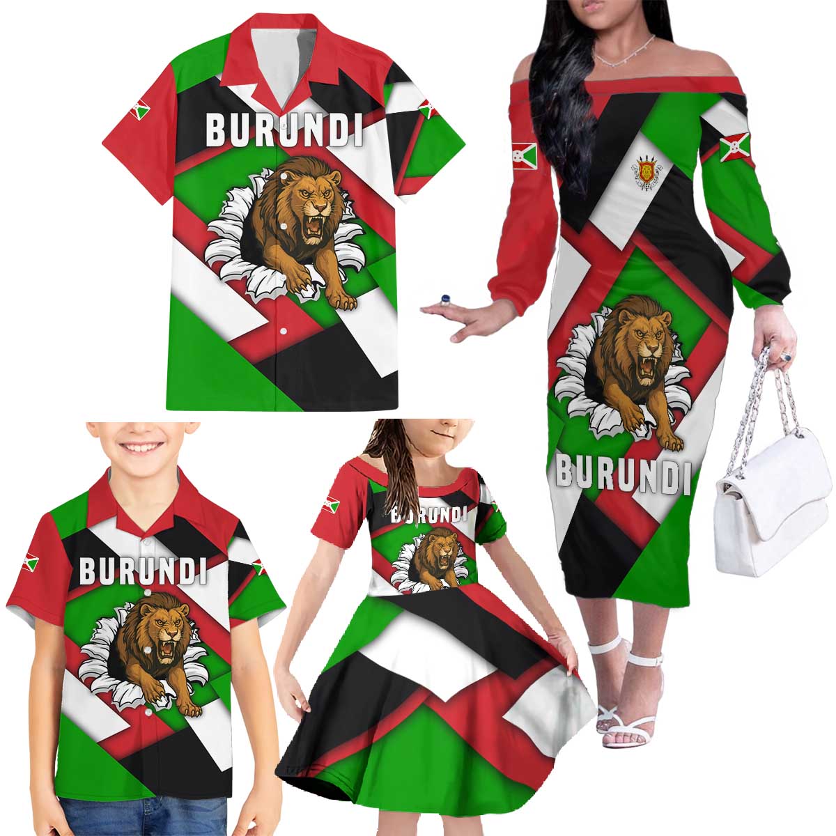 Burundi - Roaring Lion Family Matching Off The Shoulder Long Sleeve Dress and Hawaiian Shirt with National Flag Colors