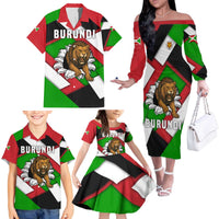 Burundi - Roaring Lion Family Matching Off The Shoulder Long Sleeve Dress and Hawaiian Shirt with National Flag Colors